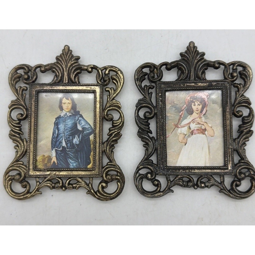Vtg Blue Boy & Pinkie Girl Framed Pictures Gold Tone Ornate Frame Italy 4"